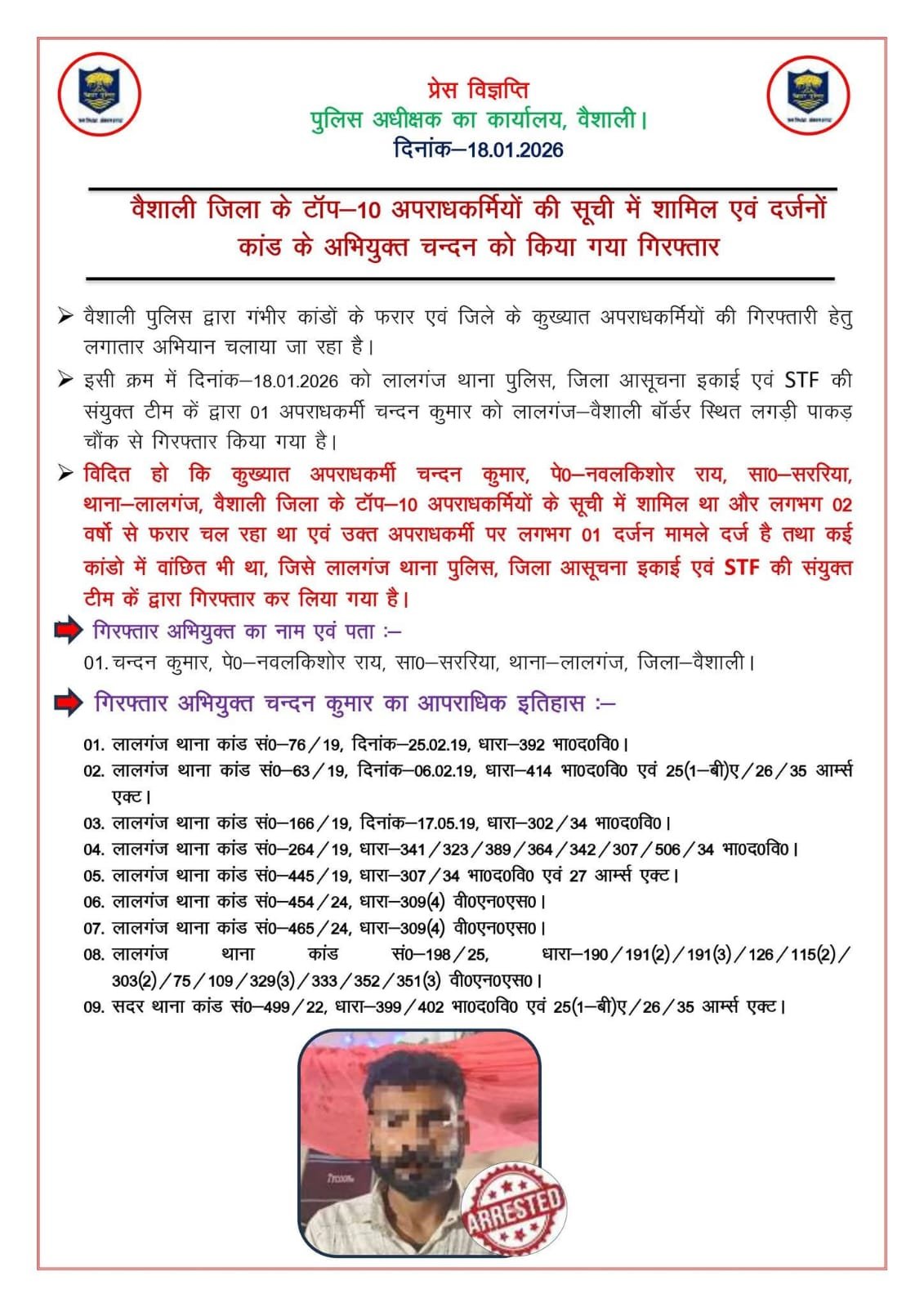 वैशाली पुलिस को मिली बड़ी सफलता: टॉप-10 अपराधियों की सूची में शामिल कुख्यात चंदन गिरफ्तार